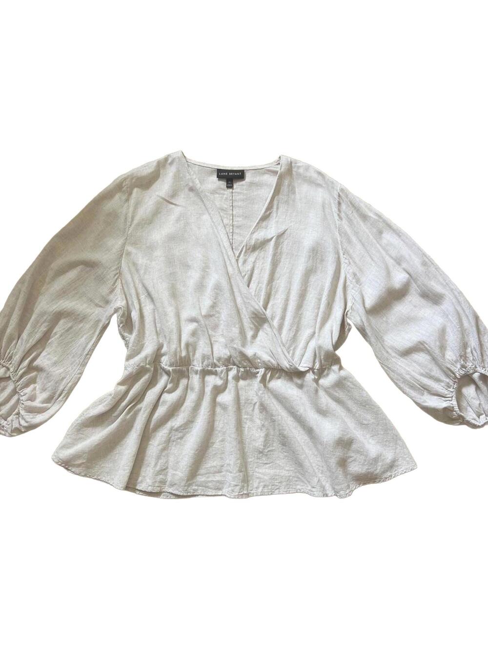 Lane Bryant Blouse Womens 22 3X Beige Linen Blend Faux Wrap Peplum Top